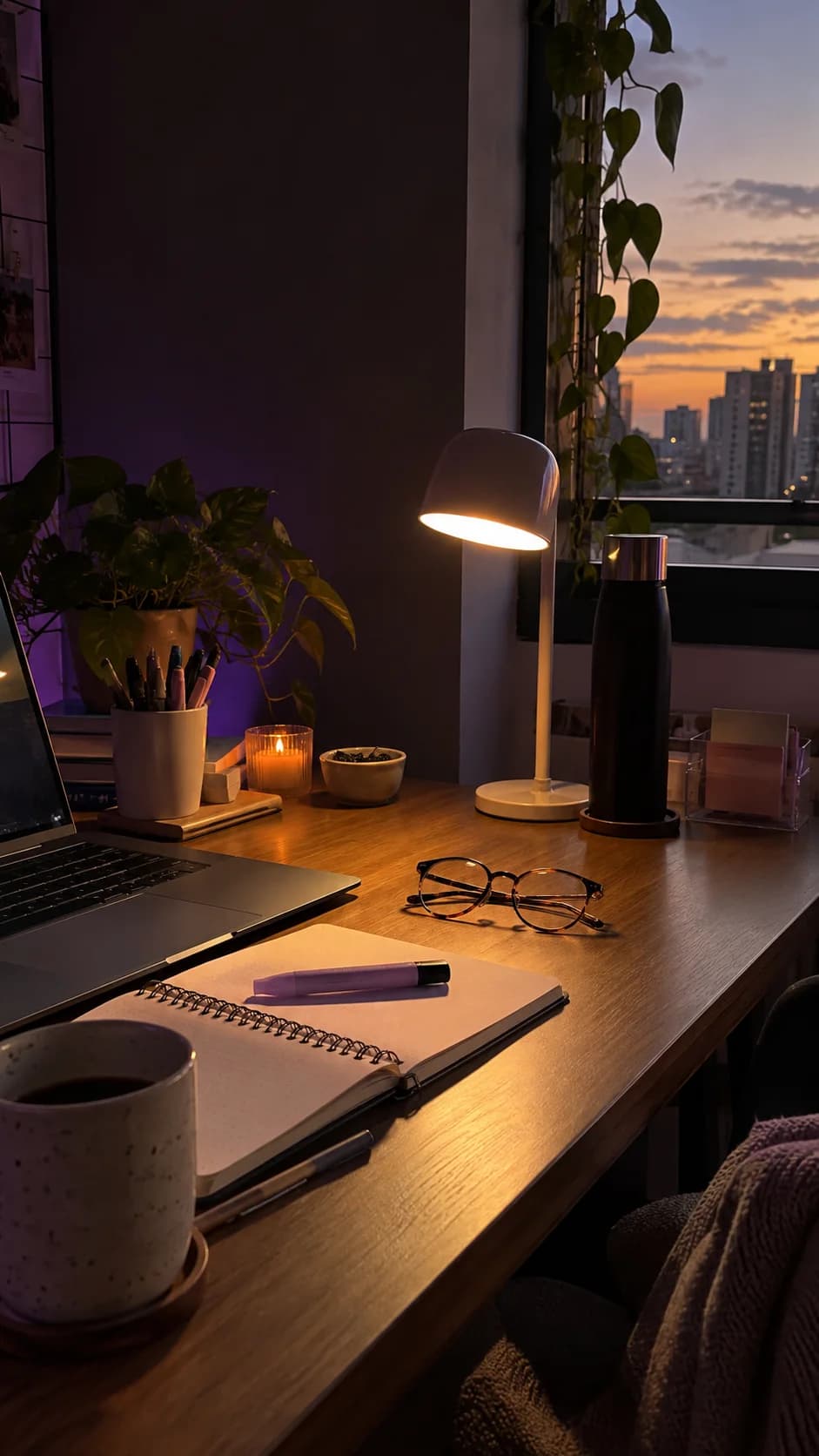 Mesa de estudos no fim da tarde, com caderno e luminária