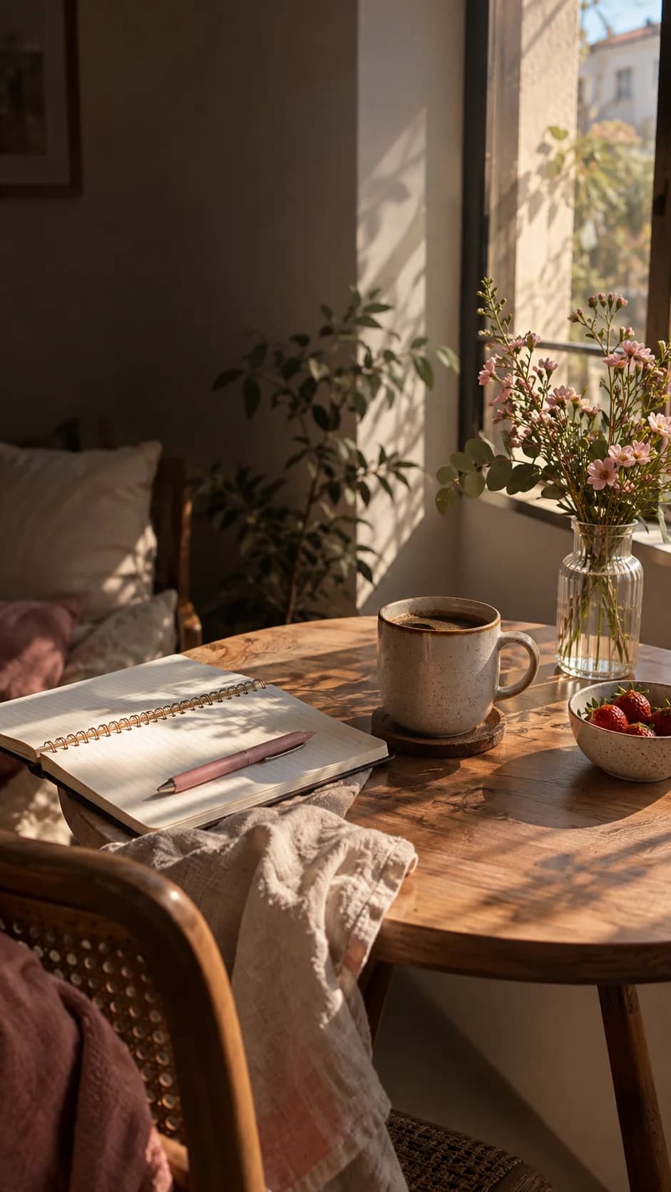 Mesa iluminada pelo sol da manhã, com café e caderno